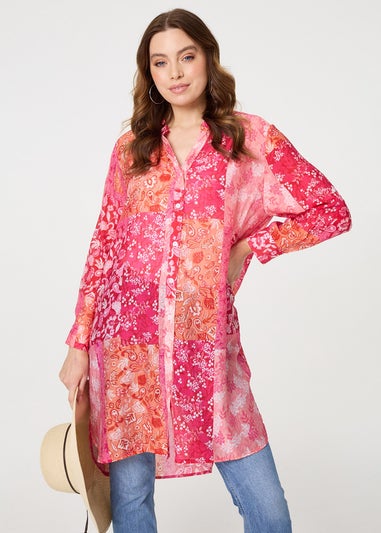 Izabel London Red Patchwork Print Semi Sheer Longline Shirt