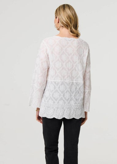 Izabel London White Lace Semi Sheer Long Sleeve Blouse