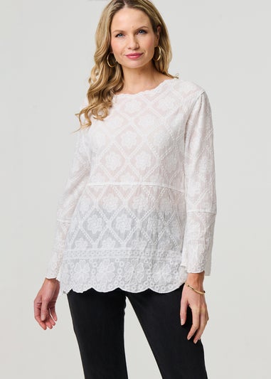 Izabel London White Lace Semi Sheer Long Sleeve Blouse