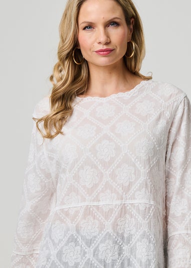 Izabel London White Lace Semi Sheer Long Sleeve Blouse