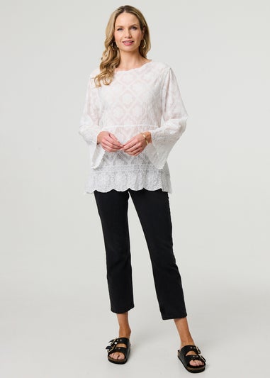 Izabel London White Lace Semi Sheer Long Sleeve Blouse
