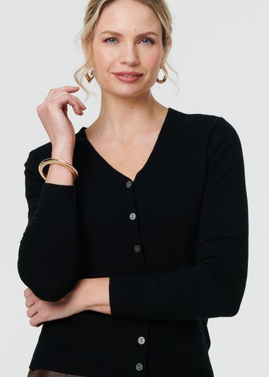 Izabel London Black Cropped Button Up Slim Knit Cardigan