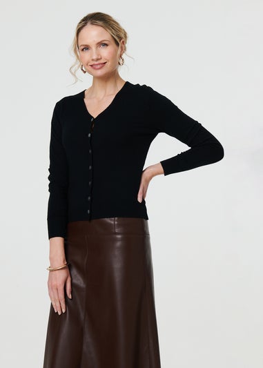 Izabel London Black Cropped Button Up Slim Knit Cardigan