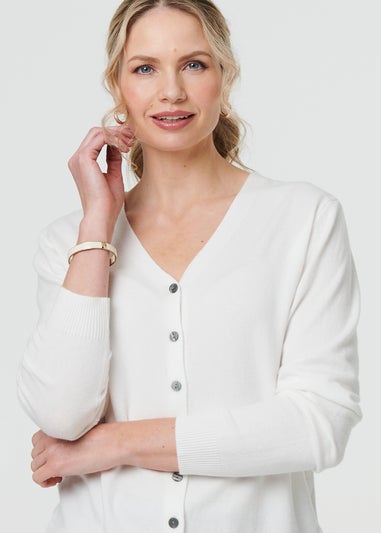Izabel London White Cropped Button Up Slim Knit Cardigan