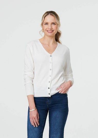 Izabel London White Cropped Button Up Slim Knit Cardigan
