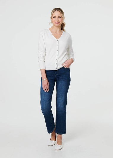 Izabel London White Cropped Button Up Slim Knit Cardigan