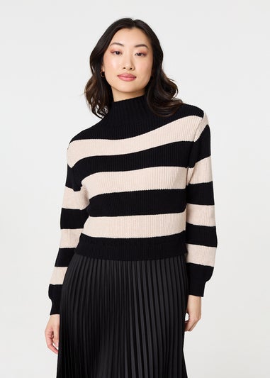 Izabel London Black Striped High Neck Pleat Knit Maxi Dress