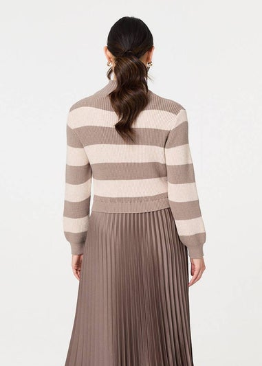 Izabel London Brown Striped High Neck Pleat Knit Maxi Dress