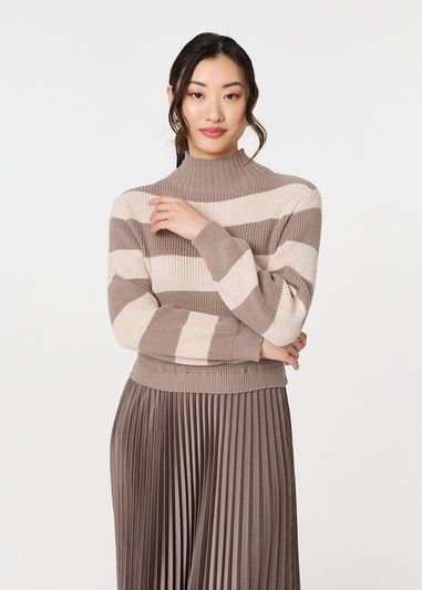 Izabel London Brown Striped High Neck Pleat Knit Maxi Dress