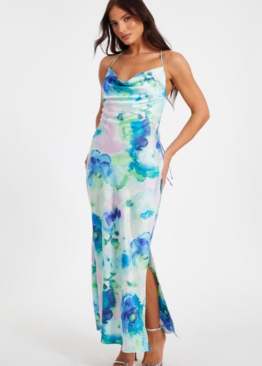 Quiz Blue Satin Tie Dye Midaxi Dress