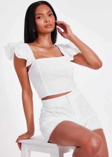 Quiz White Embroidered Frill Sleeve Top