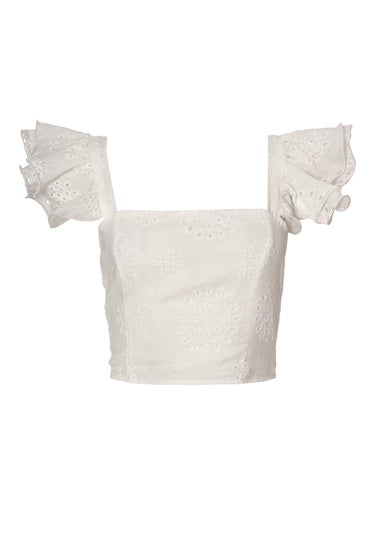 Quiz White Embroidered Frill Sleeve Top
