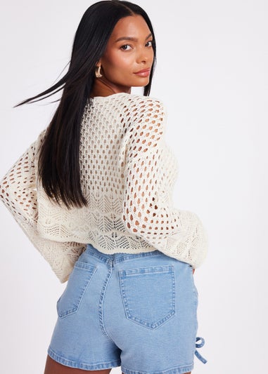 Quiz Cream Crochet Long Sleeve Top