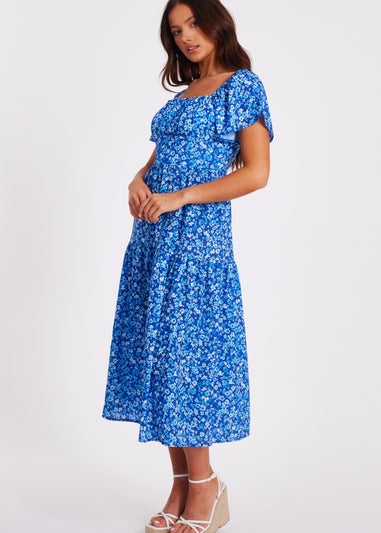Quiz Blue Petite Floral Print Midi Dress