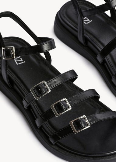 Linzi Twilight Black Faux Leather Triple Buckle Footbed Sandals
