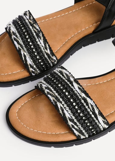 Linzi Halo Black Weaved Embellished Flat Sandals