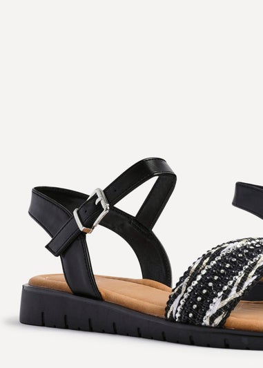 Linzi Halo Black Weaved Embellished Flat Sandals