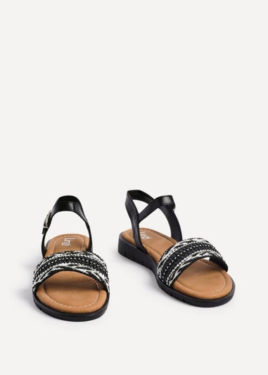 Linzi Halo Black Weaved Embellished Flat Sandals