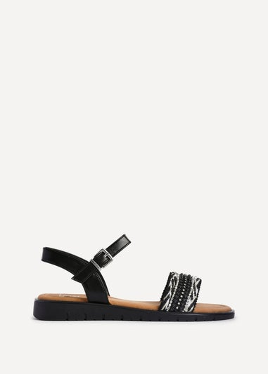 Linzi Halo Black Weaved Embellished Flat Sandals
