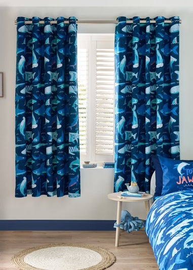 Catherine Lansfield Kids Blue Jawsome Shark Fully Reversible Eyelet Curtains