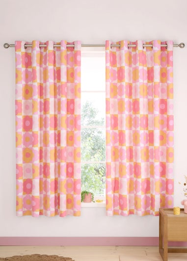 Catherine Lansfield Retro Daisy Fully Reversible Pink Yellow Eyelet Curtains