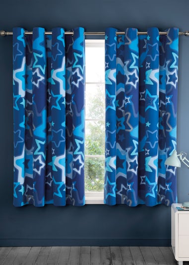 Catherine Lansfield Ombre Stars Fully Reversible Bright Blue Eyelet Curtains