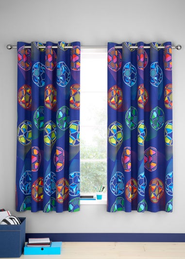 Catherine Lansfield Bright Blue Football Fully Reversible Eyelet Curtains