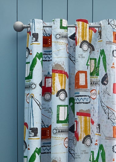 Catherine Lansfield Kids Blue Digger Dreams Fully Reversible Eyelet Curtains