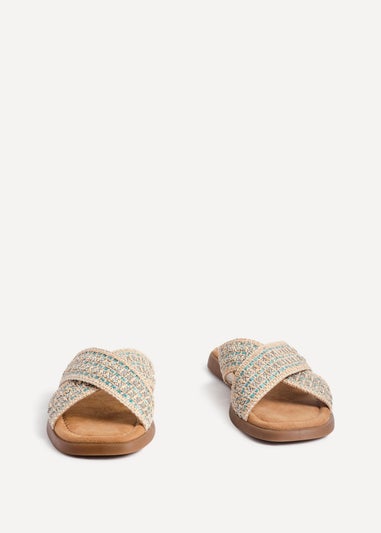 Linzi Genie Blue Embellished Raffia Flat Slider Sandal
