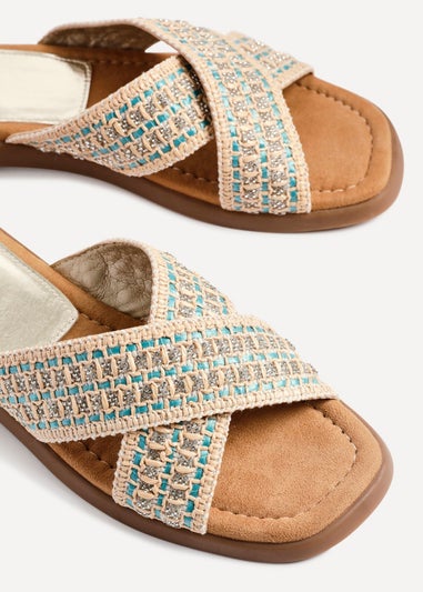 Linzi Genie Blue Embellished Raffia Flat Slider Sandal