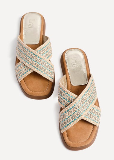 Linzi Genie Blue Embellished Raffia Flat Slider Sandal