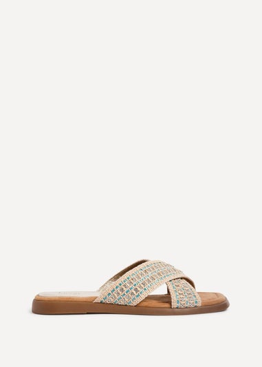 Linzi Genie Blue Embellished Raffia Flat Slider Sandal