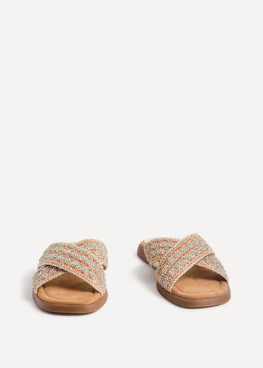 Linzi Genie Orange Embellished Raffia Flat Slider Sandal