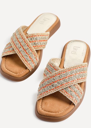Linzi Genie Orange Embellished Raffia Flat Slider Sandal