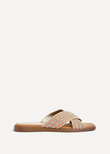 Linzi Genie Orange Embellished Raffia Flat Slider Sandal