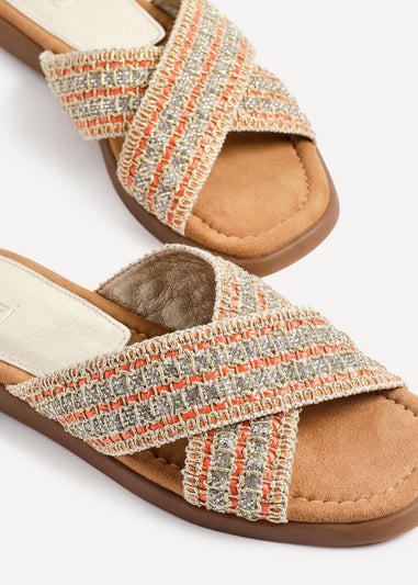 Linzi Genie Orange Embellished Raffia Flat Slider Sandal
