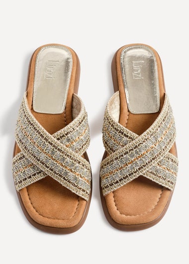 Linzi Genie Gold Embellished Raffia Flat Slider Sandal