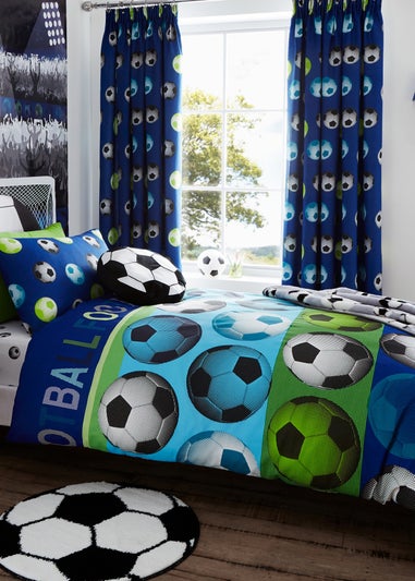 Catherine Lansfield Kids Football Lined Pencil Pleat Blue Curtains