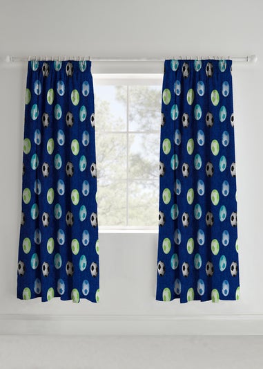 Catherine Lansfield Kids Football Lined Pencil Pleat Blue Curtains