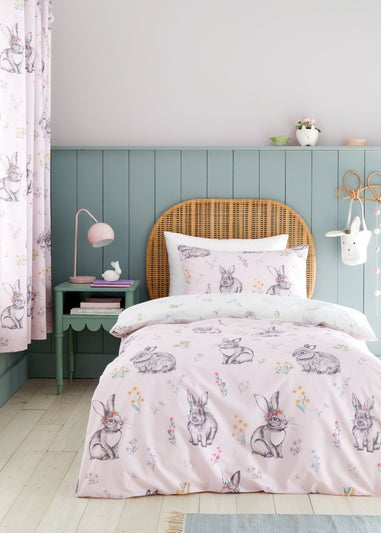 Catherine Lansfield Pink Bunny Tails Ditsy Flowers Reversible Duvet Cover Set