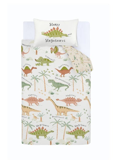 Catherine Lansfield Sleepy Dino Reversible Natural Green Duvet Cover Set