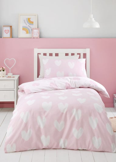 Catherine Lansfield Brushed Cotton Hearts Reversible Pink White Duvet Cover Set