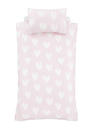 Catherine Lansfield Brushed Cotton Hearts Reversible Pink White Duvet Cover Set