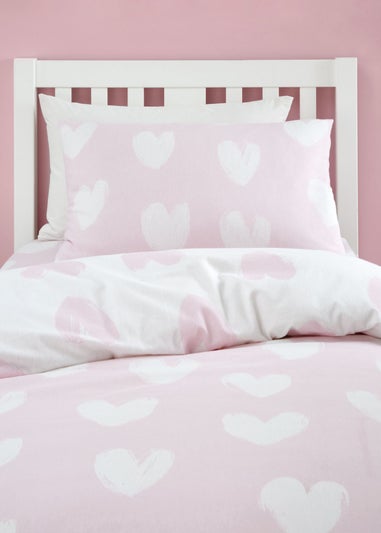 Catherine Lansfield Brushed Cotton Hearts Reversible Pink White Duvet Cover Set