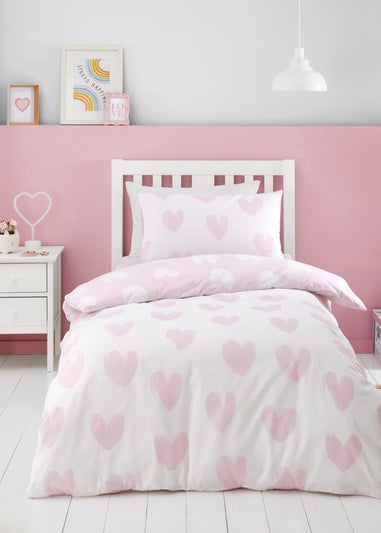 Catherine Lansfield Brushed Cotton Hearts Reversible Pink White Duvet Cover Set