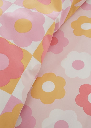 Catherine Lansfield Retro Daisy Reversible Pink Yellow Duvet Cover Set
