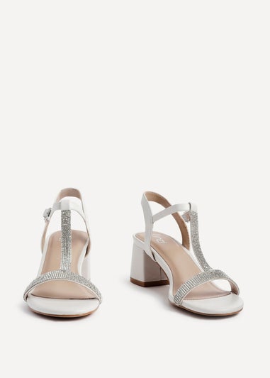 Linzi Amaya White Faux Leather T Bar Diamante Block Heeled Sandal