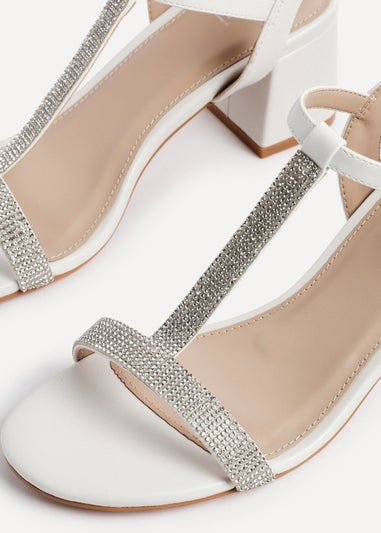Linzi Amaya White Faux Leather T Bar Diamante Block Heeled Sandal