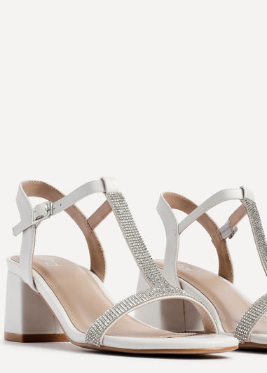 Linzi Amaya White Faux Leather T Bar Diamante Block Heeled Sandal