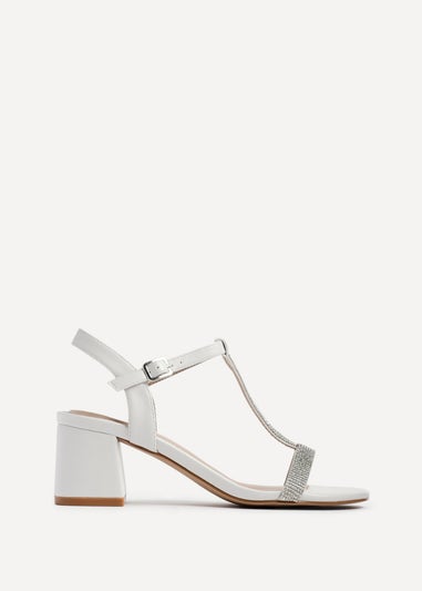 Linzi Amaya White Faux Leather T Bar Diamante Block Heeled Sandal